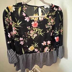 Floral Black Top with Gingham Hem